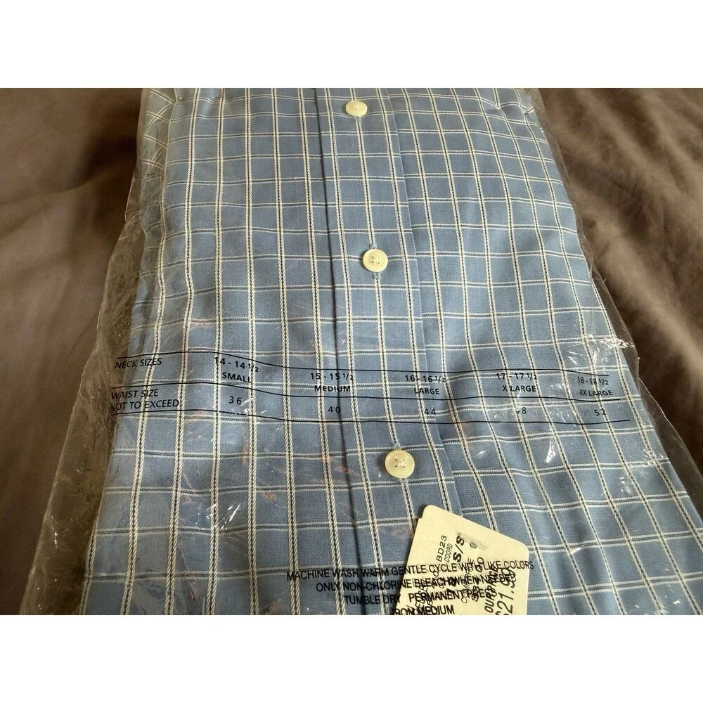 Vintage Van Heusen Mens 18 XXL Short Sleeve Blue Plaid Shirt Deadstock NWT